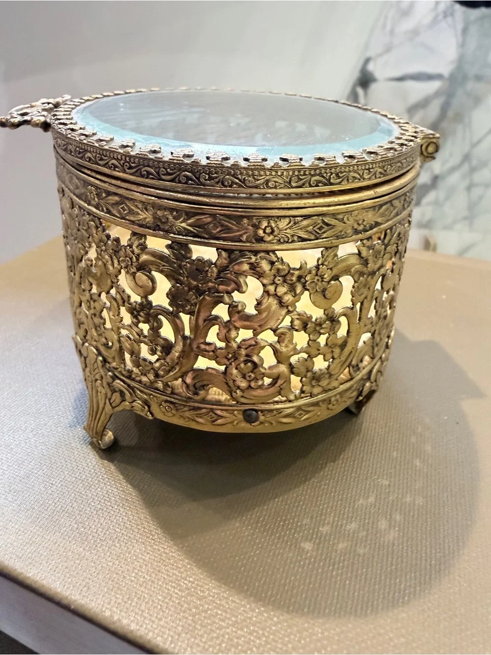 Vintage Ormolu Filigree Jewelry Casket Beveled Glass Hollywood Regency